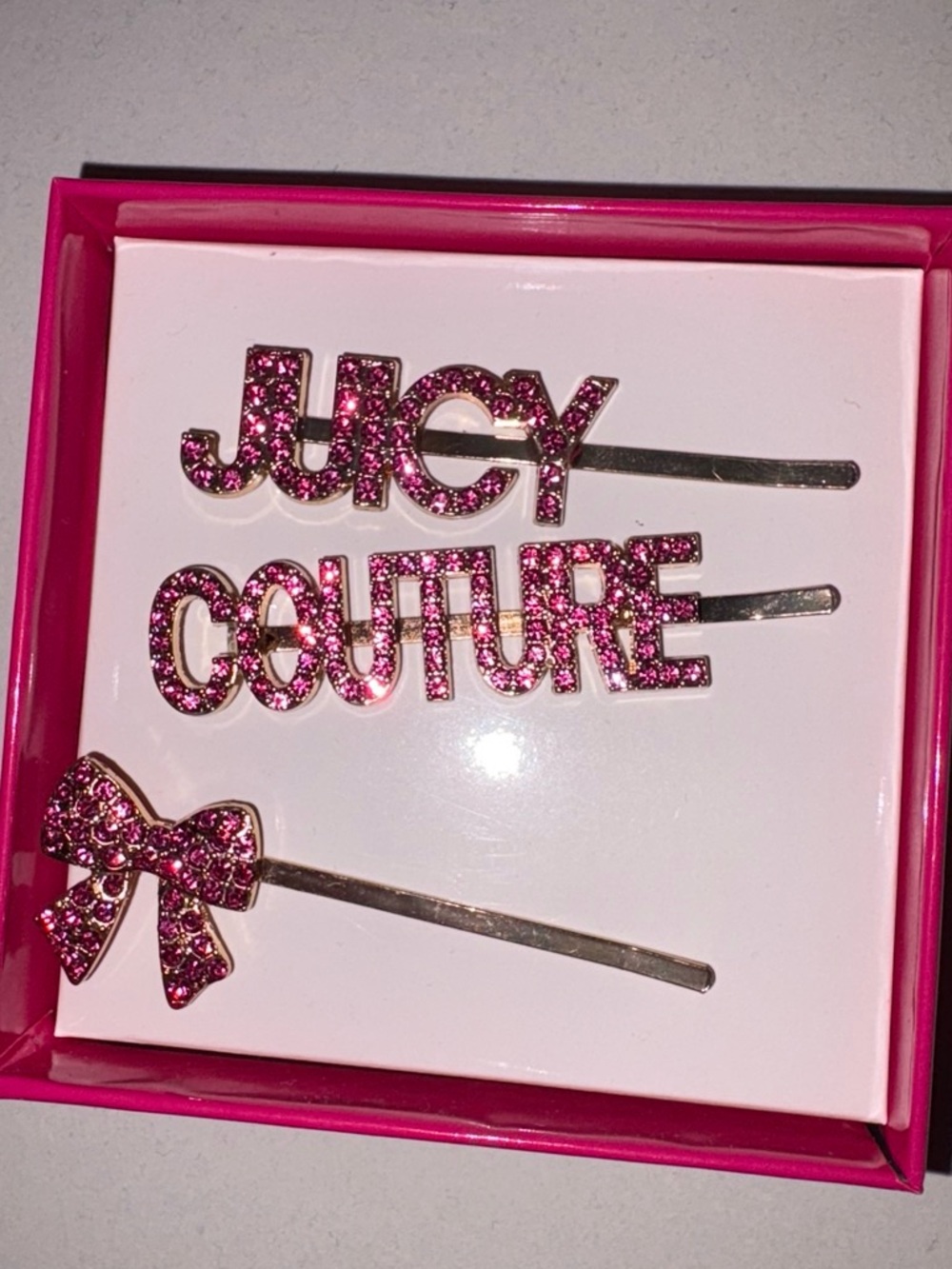 Juicy Couture Pink Glitter Logo & Bow Hair Pin Set